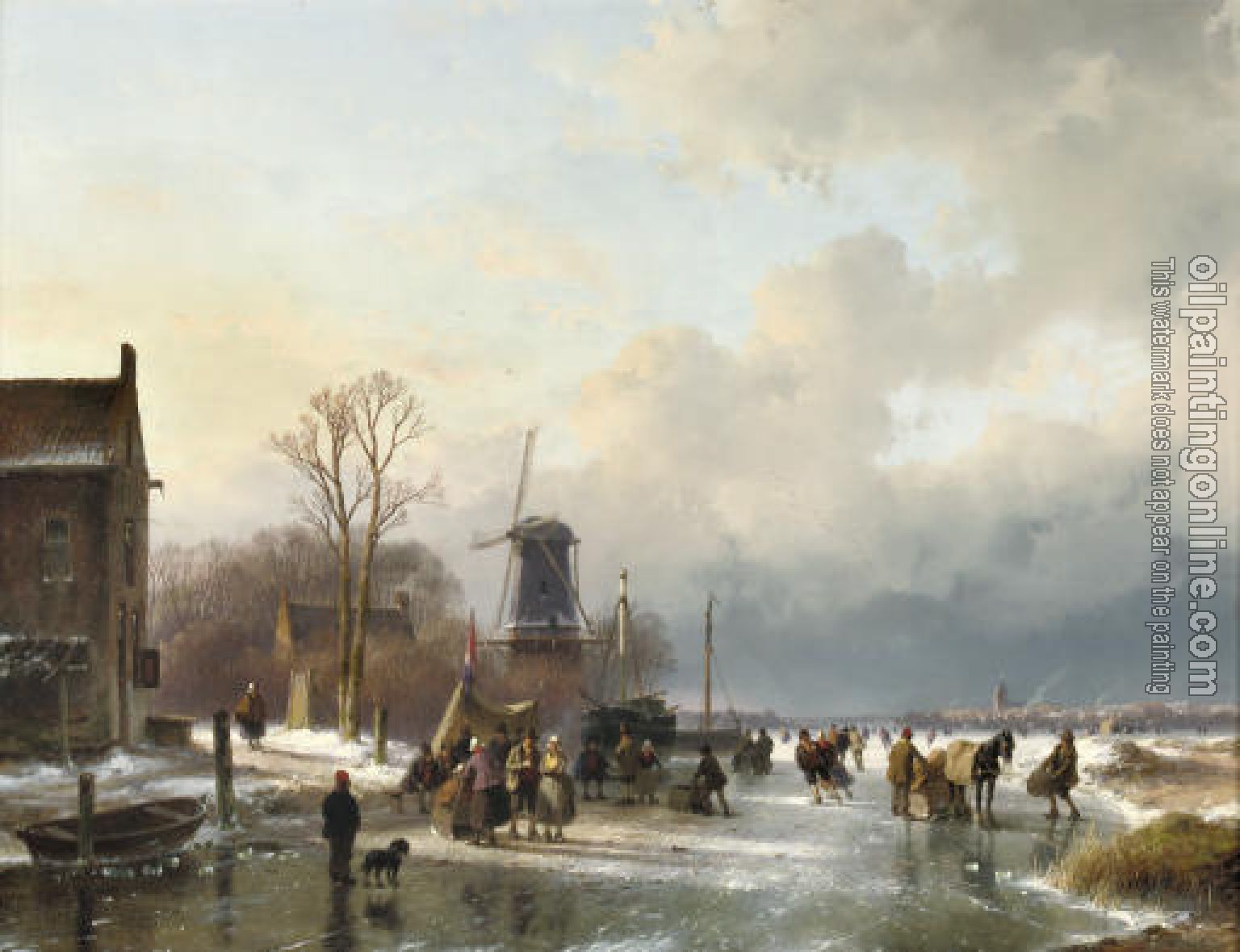 Schelfhout, Andreas - An extensive winter landscape with numerous villagers on the ice